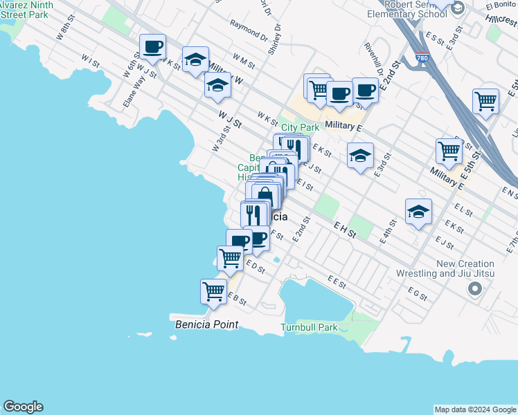 map of restaurants, bars, coffee shops, grocery stores, and more near 120 West G Street in Benicia