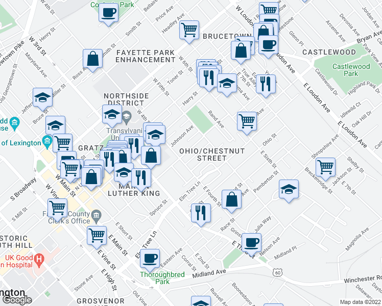 map of restaurants, bars, coffee shops, grocery stores, and more near 434 North Martin Luther King Boulevard in Lexington