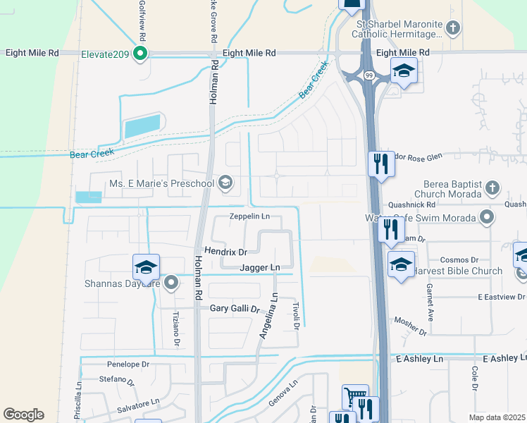 map of restaurants, bars, coffee shops, grocery stores, and more near 3727 Zeppelin Lane in Stockton