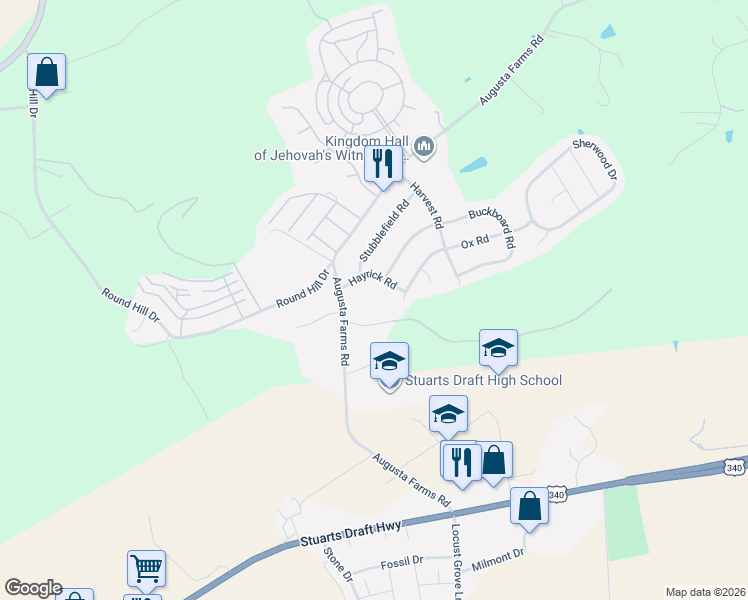 map of restaurants, bars, coffee shops, grocery stores, and more near 25 Hayrick Road in Waynesboro