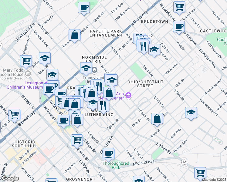 map of restaurants, bars, coffee shops, grocery stores, and more near 350 North Limestone in Lexington