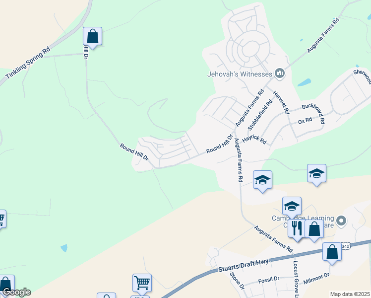 map of restaurants, bars, coffee shops, grocery stores, and more near Brittany Lane in Stuarts Draft
