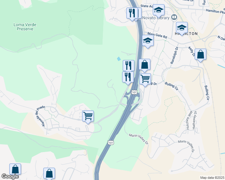 map of restaurants, bars, coffee shops, grocery stores, and more near 9 Clay Court in Novato