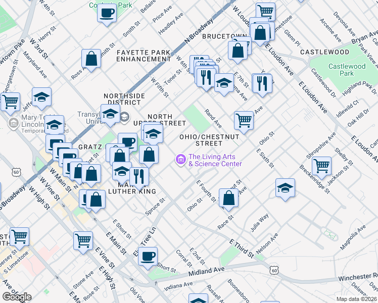 map of restaurants, bars, coffee shops, grocery stores, and more near 447 North Martin Luther King Boulevard in Lexington