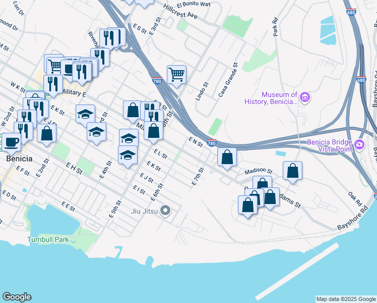 map of restaurants, bars, coffee shops, grocery stores, and more near 638 East N Street in Benicia