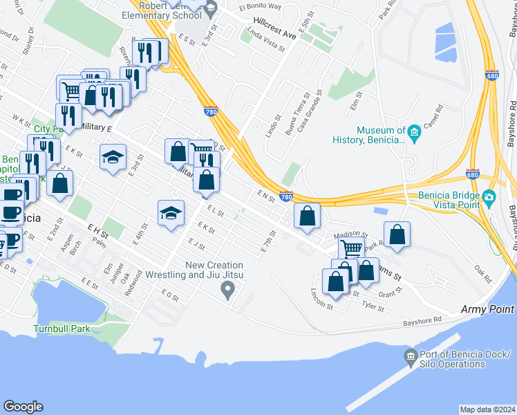 map of restaurants, bars, coffee shops, grocery stores, and more near 627 Military East in Benicia