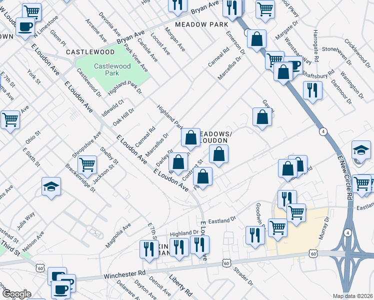 map of restaurants, bars, coffee shops, grocery stores, and more near 1310 Highland Park Drive in Lexington