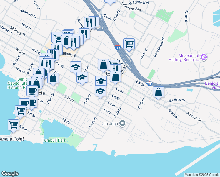 map of restaurants, bars, coffee shops, grocery stores, and more near in Benicia