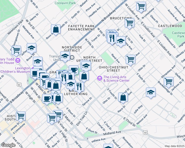 map of restaurants, bars, coffee shops, grocery stores, and more near in Lexington