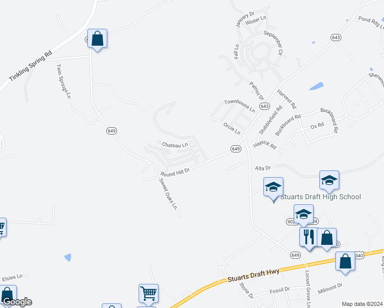 map of restaurants, bars, coffee shops, grocery stores, and more near 18 Brittany Lane in Stuarts Draft