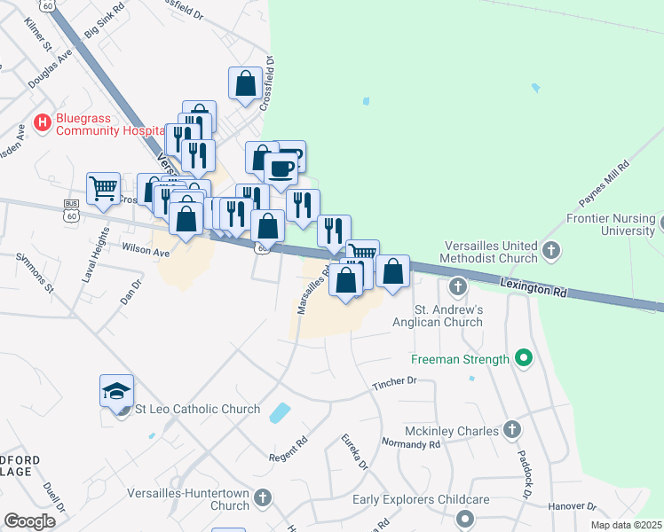 map of restaurants, bars, coffee shops, grocery stores, and more near 525 Marsailles Road in Versailles