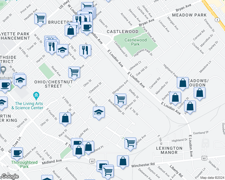 map of restaurants, bars, coffee shops, grocery stores, and more near 441 East 7th Street in Lexington