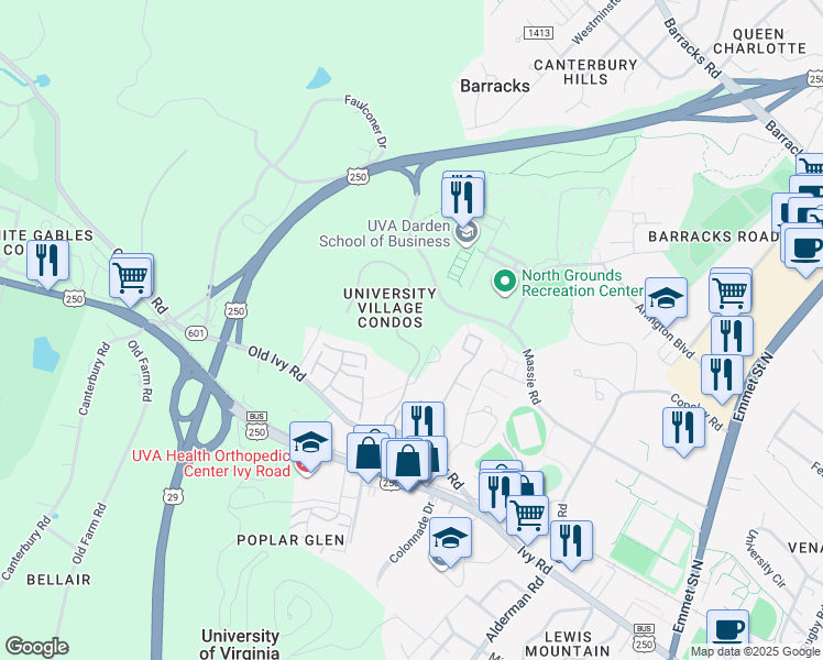 map of restaurants, bars, coffee shops, grocery stores, and more near 491 Crestwood Drive in Charlottesville