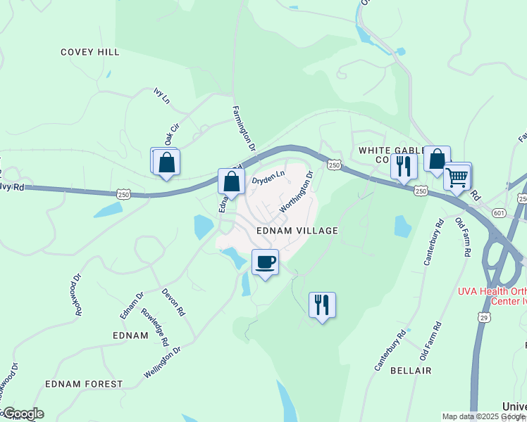 map of restaurants, bars, coffee shops, grocery stores, and more near 520 Kellogg Drive in Charlottesville