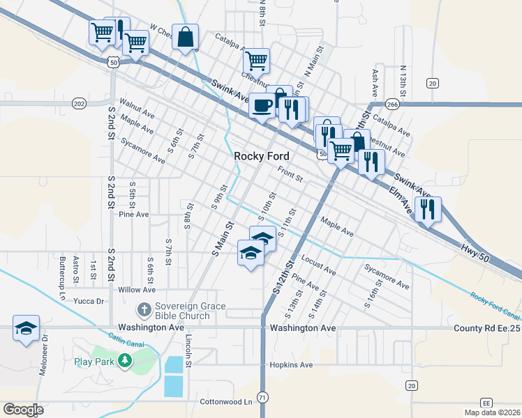 map of restaurants, bars, coffee shops, grocery stores, and more near 418 South Main Street in Rocky Ford
