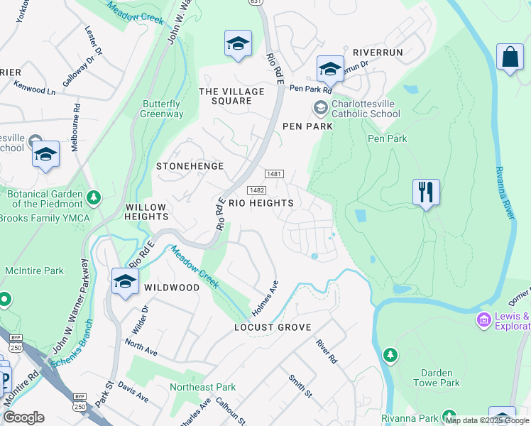 map of restaurants, bars, coffee shops, grocery stores, and more near 1121 Vegas Court in Charlottesville