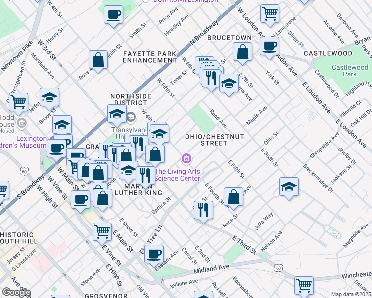 map of restaurants, bars, coffee shops, grocery stores, and more near 407 North Martin Luther King Boulevard in Lexington