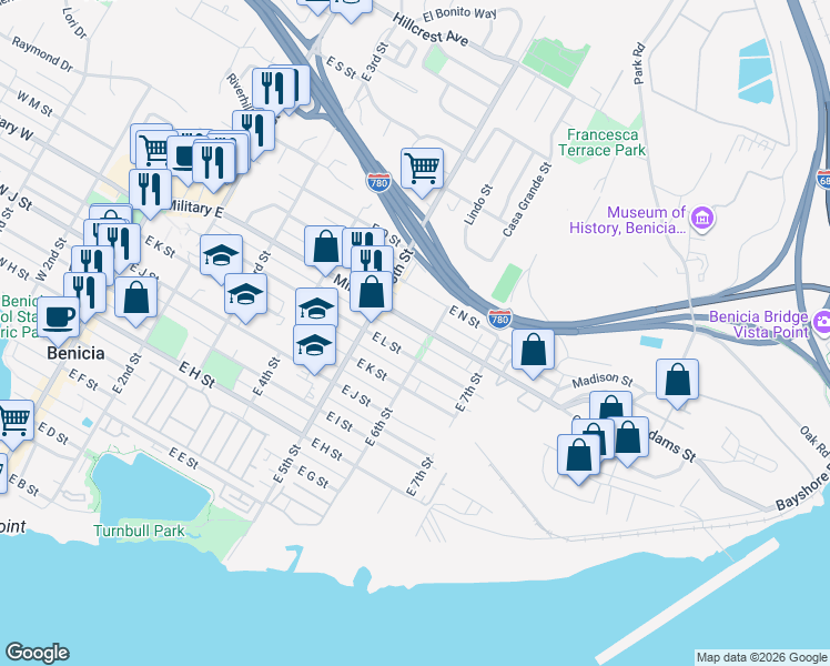 map of restaurants, bars, coffee shops, grocery stores, and more near 575 Military East in Benicia
