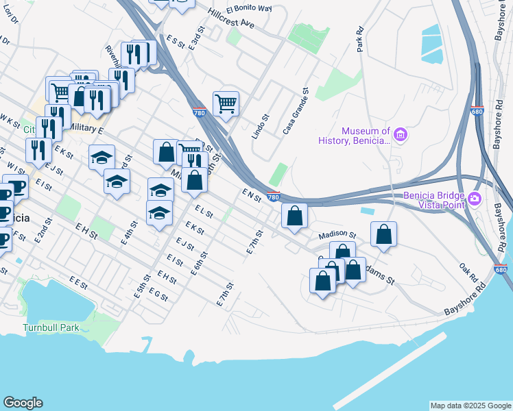 map of restaurants, bars, coffee shops, grocery stores, and more near 638 East N Street in Benicia