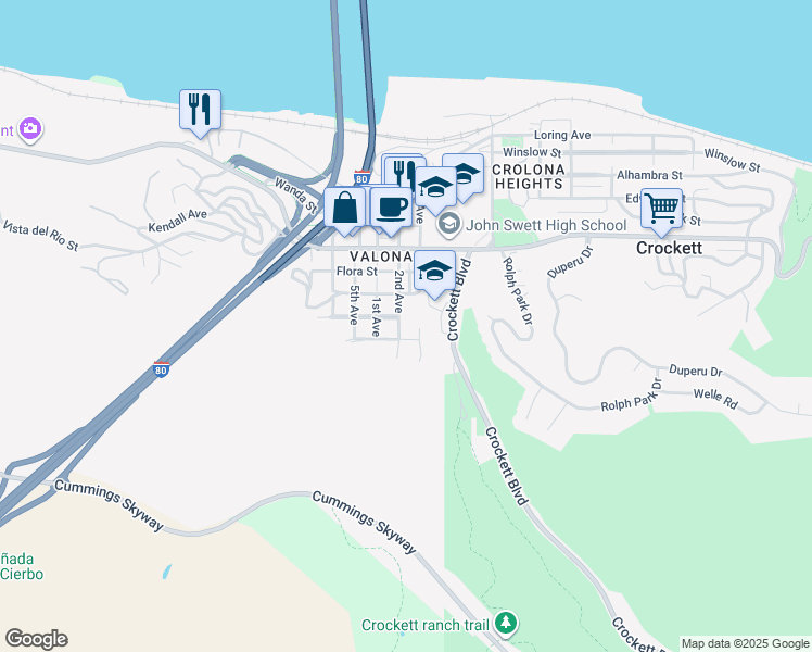 map of restaurants, bars, coffee shops, grocery stores, and more near 1210 Francis Street in Crockett