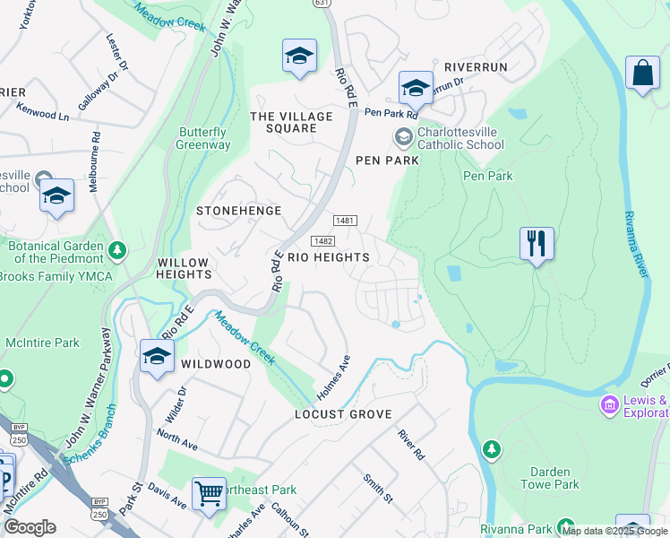map of restaurants, bars, coffee shops, grocery stores, and more near 1121 Vegas Court in Charlottesville