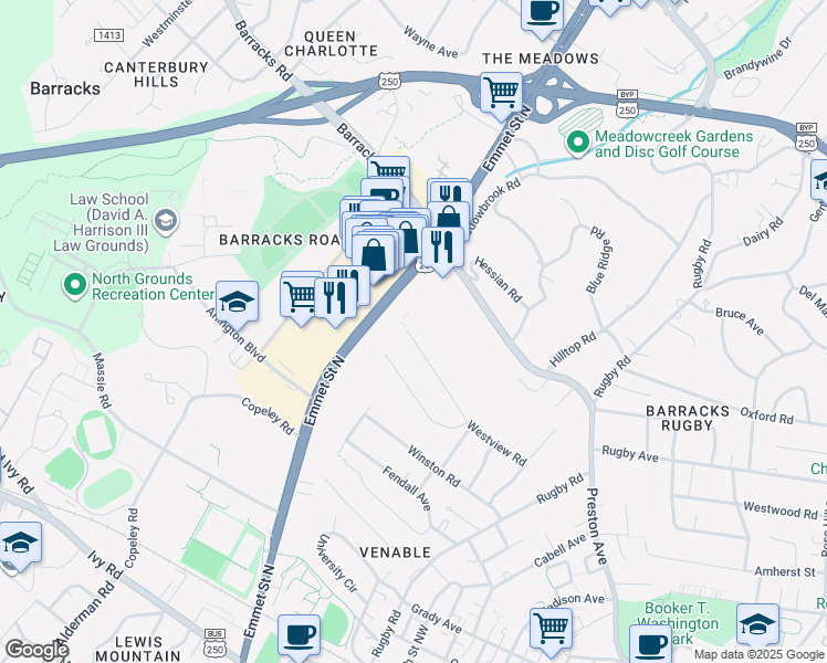 map of restaurants, bars, coffee shops, grocery stores, and more near in Charlottesville