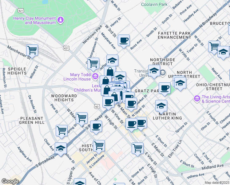 map of restaurants, bars, coffee shops, grocery stores, and more near in Lexington