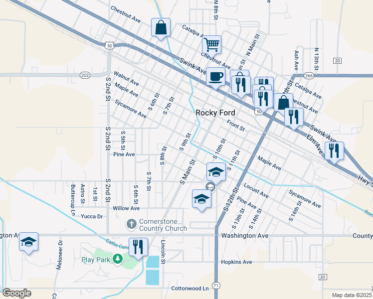 map of restaurants, bars, coffee shops, grocery stores, and more near 926-948 Sycamore Avenue in Rocky Ford