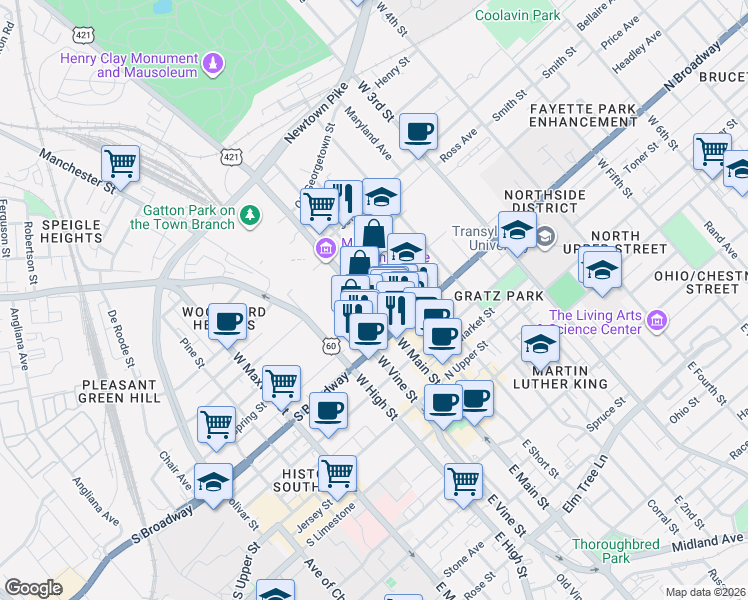 map of restaurants, bars, coffee shops, grocery stores, and more near 106 Felix Street in Lexington