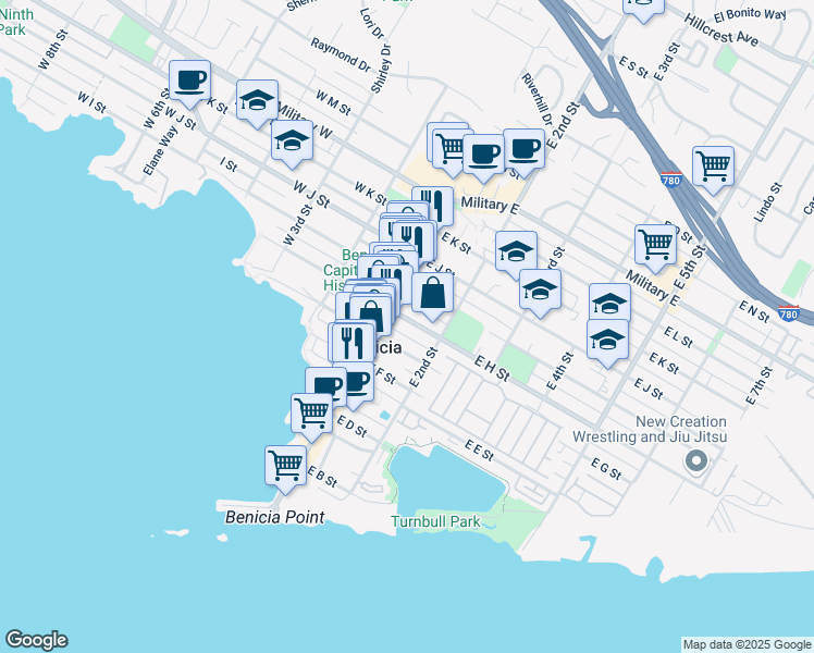 map of restaurants, bars, coffee shops, grocery stores, and more near 134 East H Street in Benicia