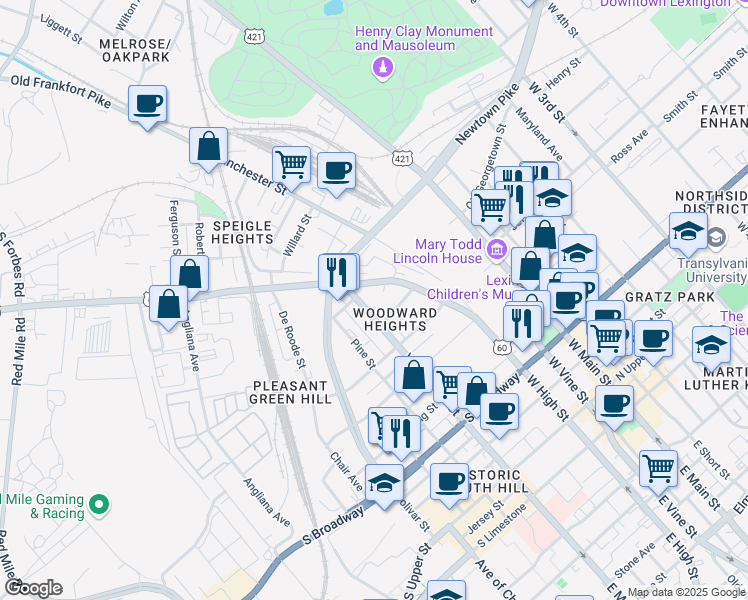 map of restaurants, bars, coffee shops, grocery stores, and more near 847 West Maxwell Street in Lexington