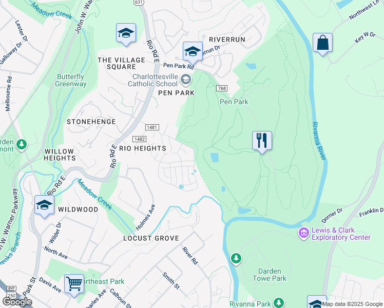 map of restaurants, bars, coffee shops, grocery stores, and more near 1235 Pen Park Lane in Charlottesville