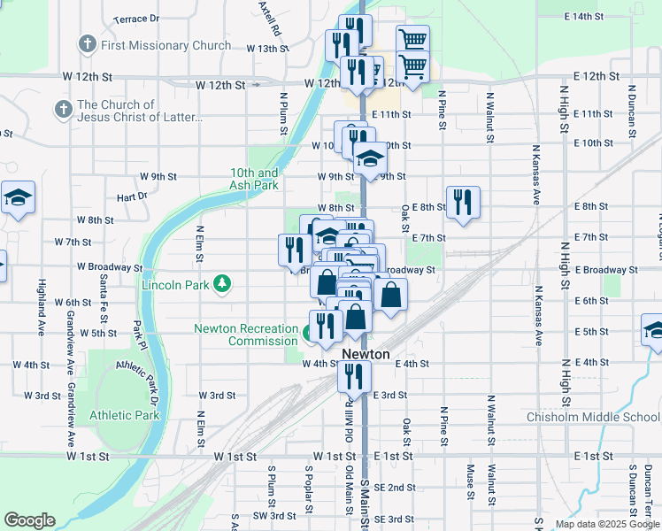 map of restaurants, bars, coffee shops, grocery stores, and more near 130 West Broadway Street in Newton