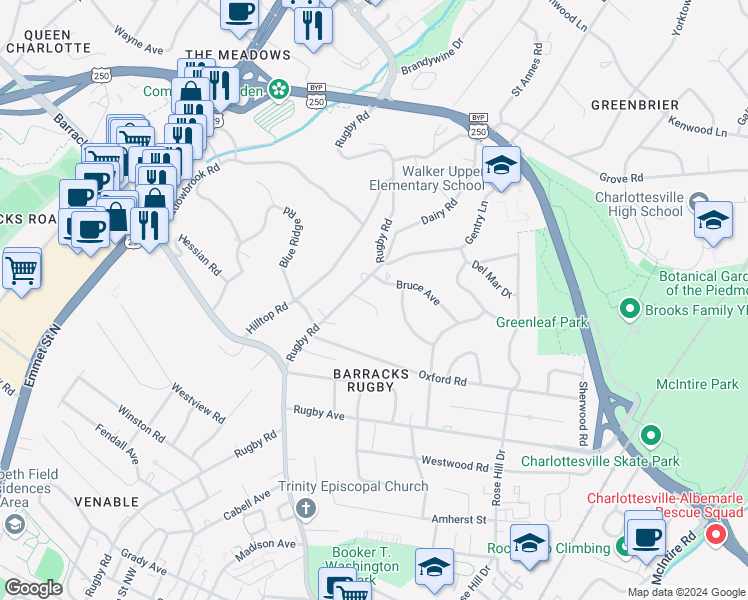 map of restaurants, bars, coffee shops, grocery stores, and more near 1705 Rugby Circle in Charlottesville
