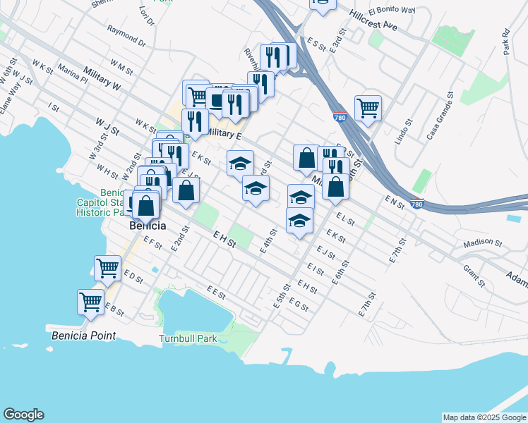 map of restaurants, bars, coffee shops, grocery stores, and more near 351 East J Street in Benicia