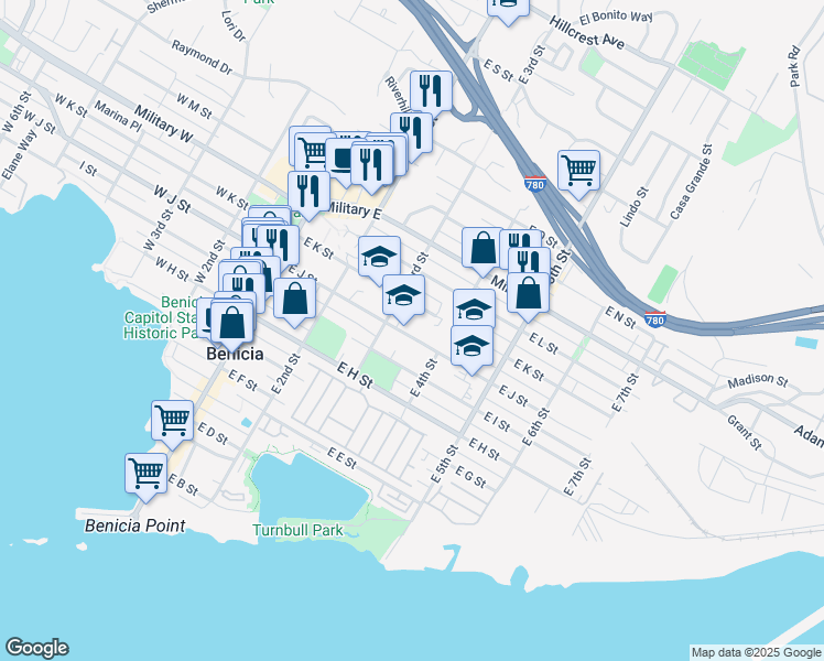 map of restaurants, bars, coffee shops, grocery stores, and more near 351 East J Street in Benicia