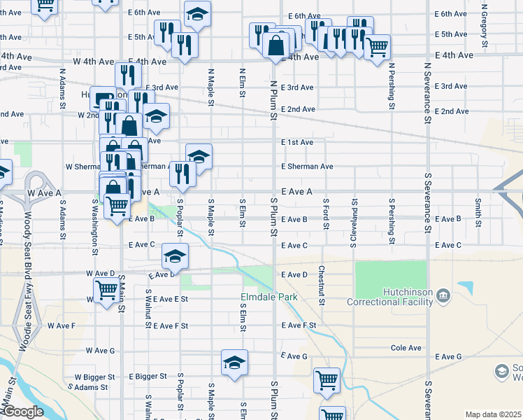 map of restaurants, bars, coffee shops, grocery stores, and more near 423 East Avenue A in Hutchinson