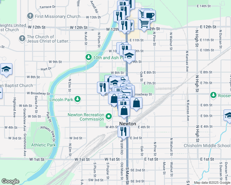 map of restaurants, bars, coffee shops, grocery stores, and more near 130 West Broadway Street in Newton