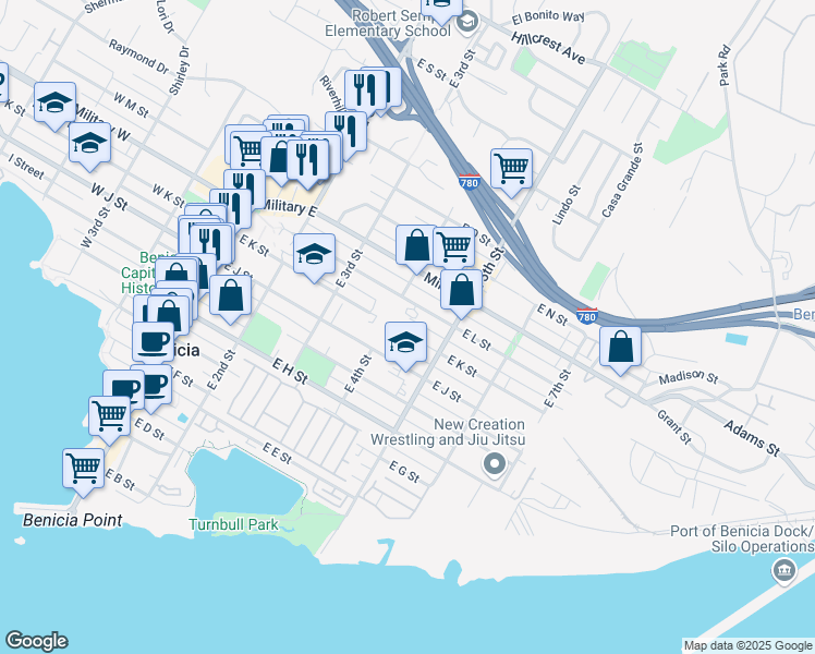 map of restaurants, bars, coffee shops, grocery stores, and more near 425 East K Street in Benicia