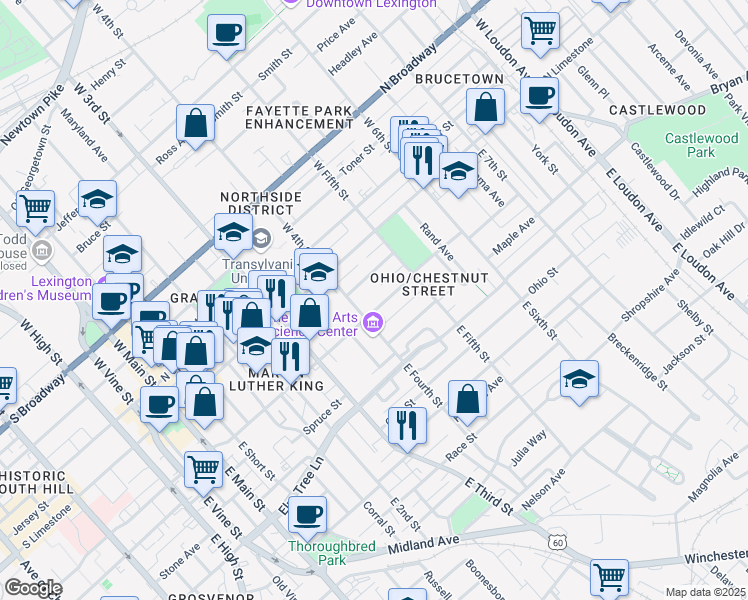 map of restaurants, bars, coffee shops, grocery stores, and more near 415 North Martin Luther King Boulevard in Lexington