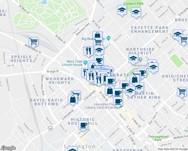 map of restaurants, bars, coffee shops, grocery stores, and more near 410 West Vine Street in Lexington
