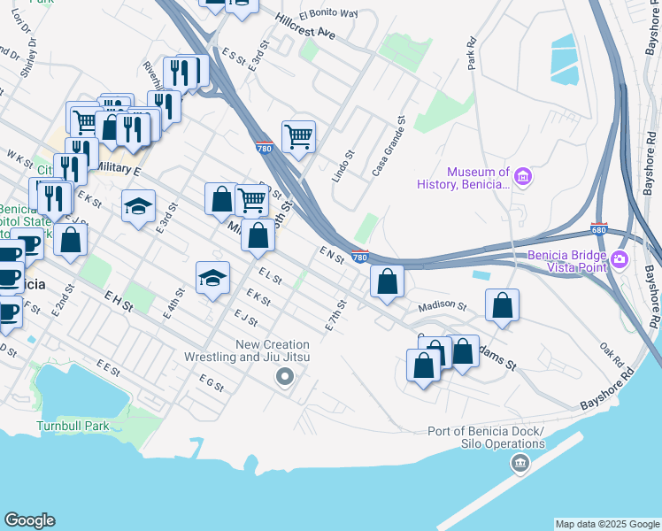 map of restaurants, bars, coffee shops, grocery stores, and more near 638 East N Street in Benicia