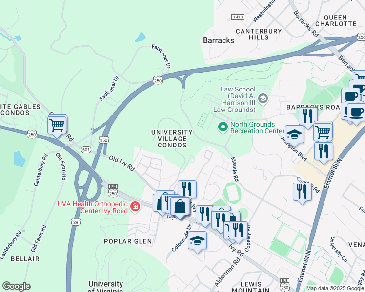 map of restaurants, bars, coffee shops, grocery stores, and more near 545 Crestwood Drive in Charlottesville