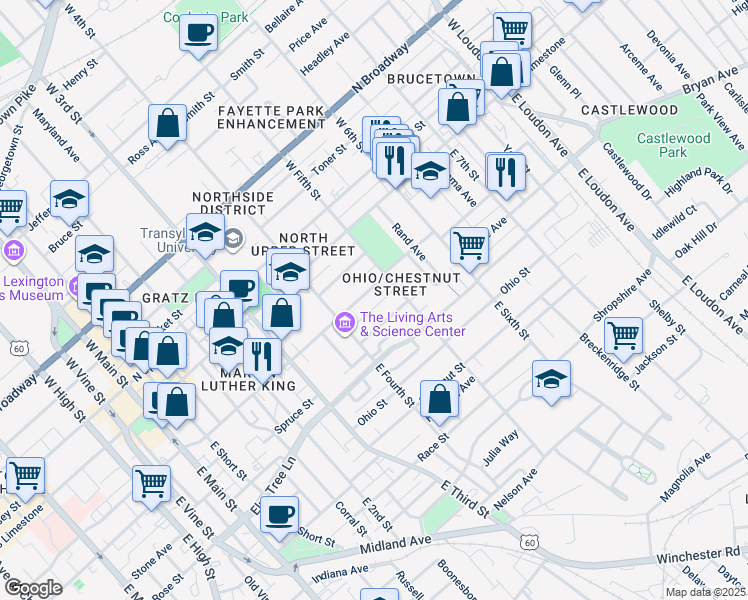 map of restaurants, bars, coffee shops, grocery stores, and more near 447 North Martin Luther King Boulevard in Lexington