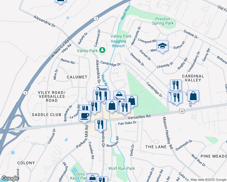 map of restaurants, bars, coffee shops, grocery stores, and more near 1281 Village Drive in Lexington