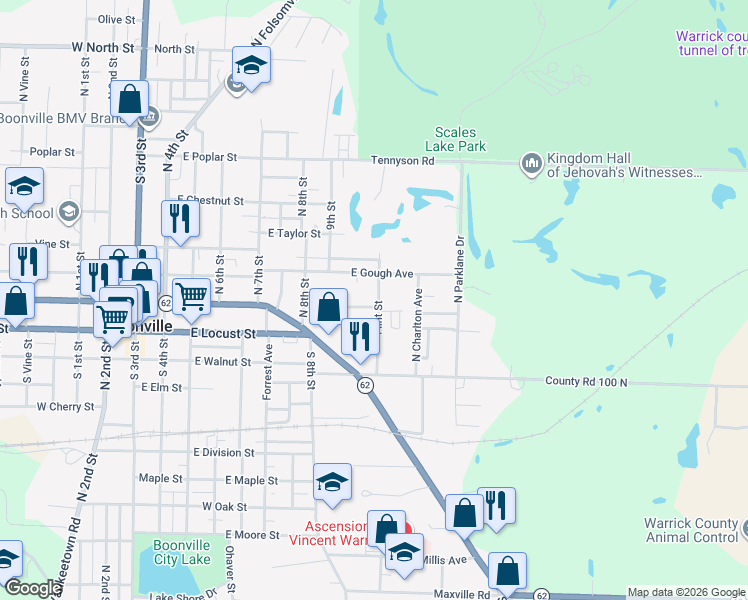map of restaurants, bars, coffee shops, grocery stores, and more near 214-218 Flint Street in Boonville