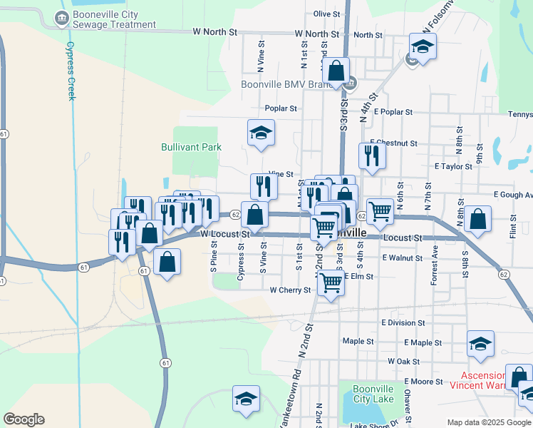 map of restaurants, bars, coffee shops, grocery stores, and more near 118 North Vine Street in Boonville