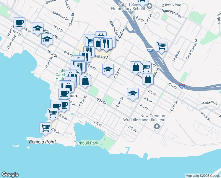 map of restaurants, bars, coffee shops, grocery stores, and more near 936 East 3rd Street in Benicia