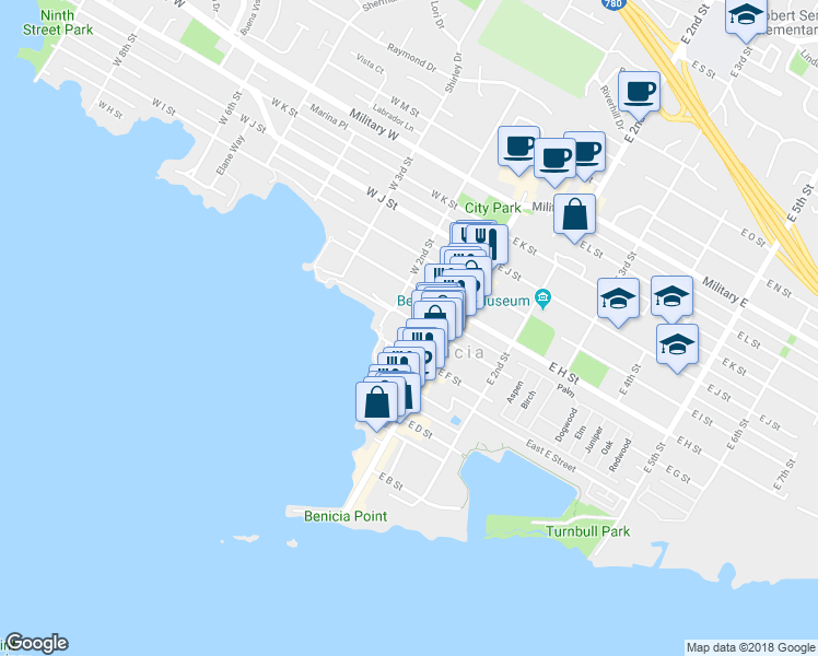 map of restaurants, bars, coffee shops, grocery stores, and more near 160 West G Street in Benicia