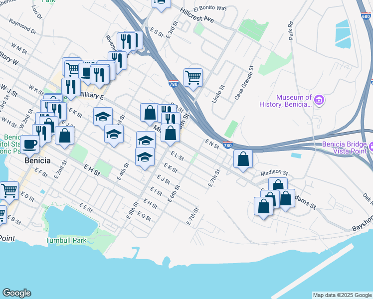 map of restaurants, bars, coffee shops, grocery stores, and more near 500 Military East in Benicia